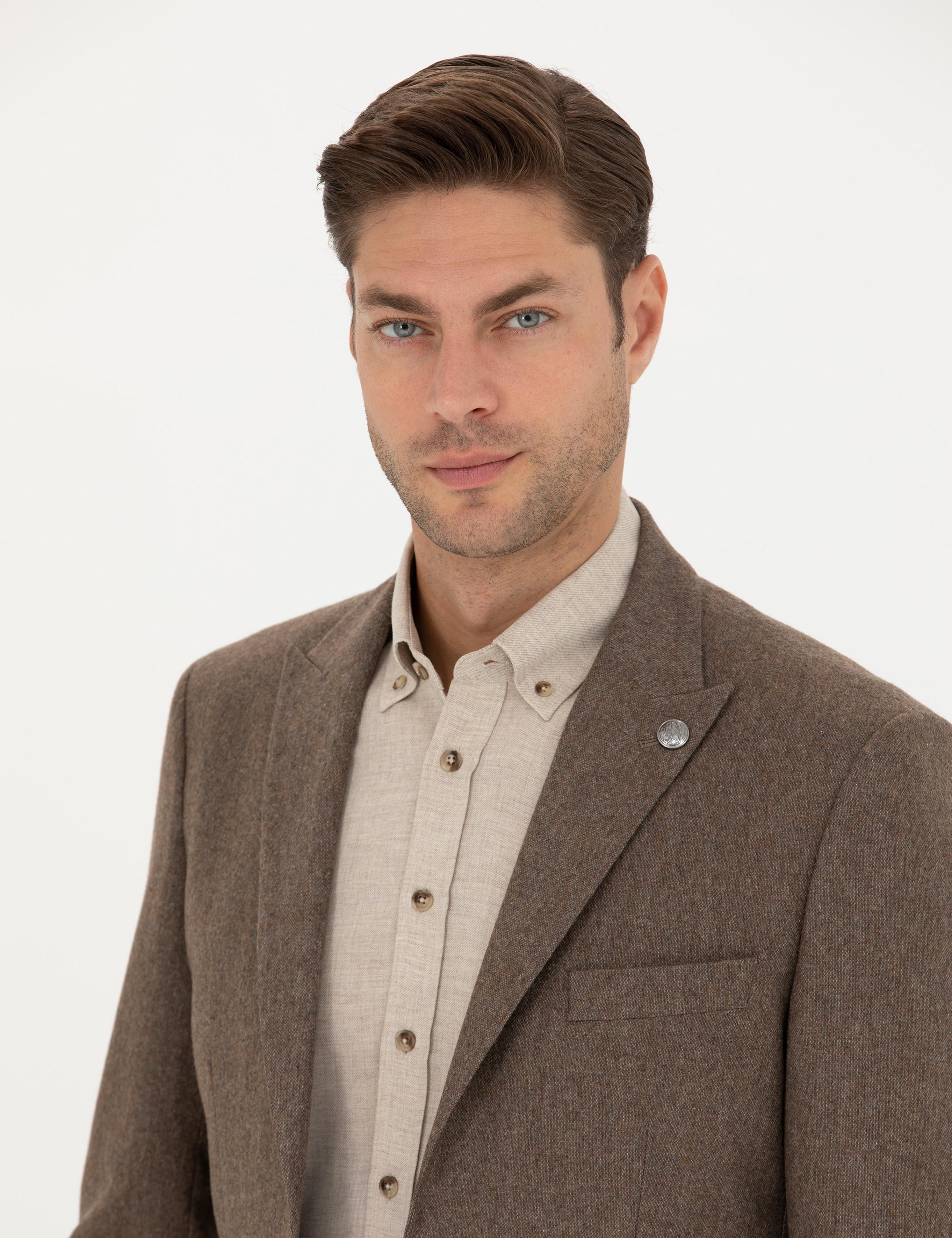 Kahverengi Yün Karışımlı Slim Fit Ceket