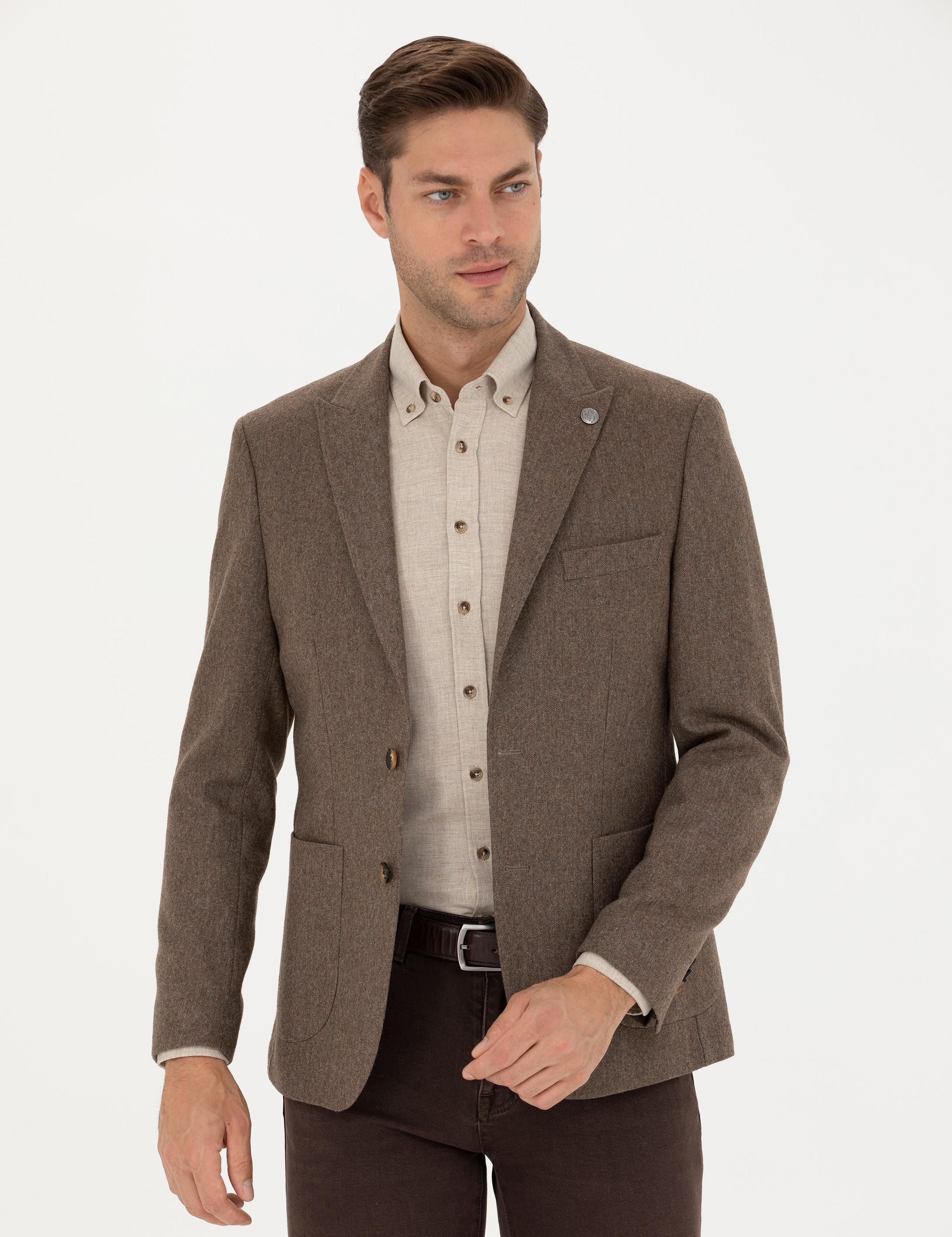 Kahverengi Yün Karışımlı Slim Fit Ceket