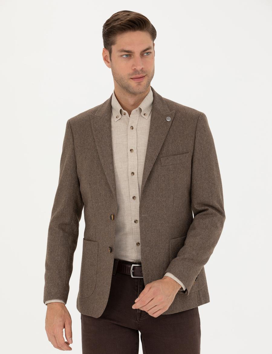 Kahverengi Yün Karışımlı Slim Fit Ceket