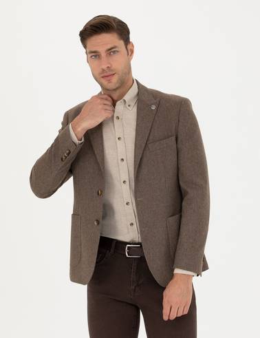 Kahverengi Yün Karışımlı Slim Fit Ceket