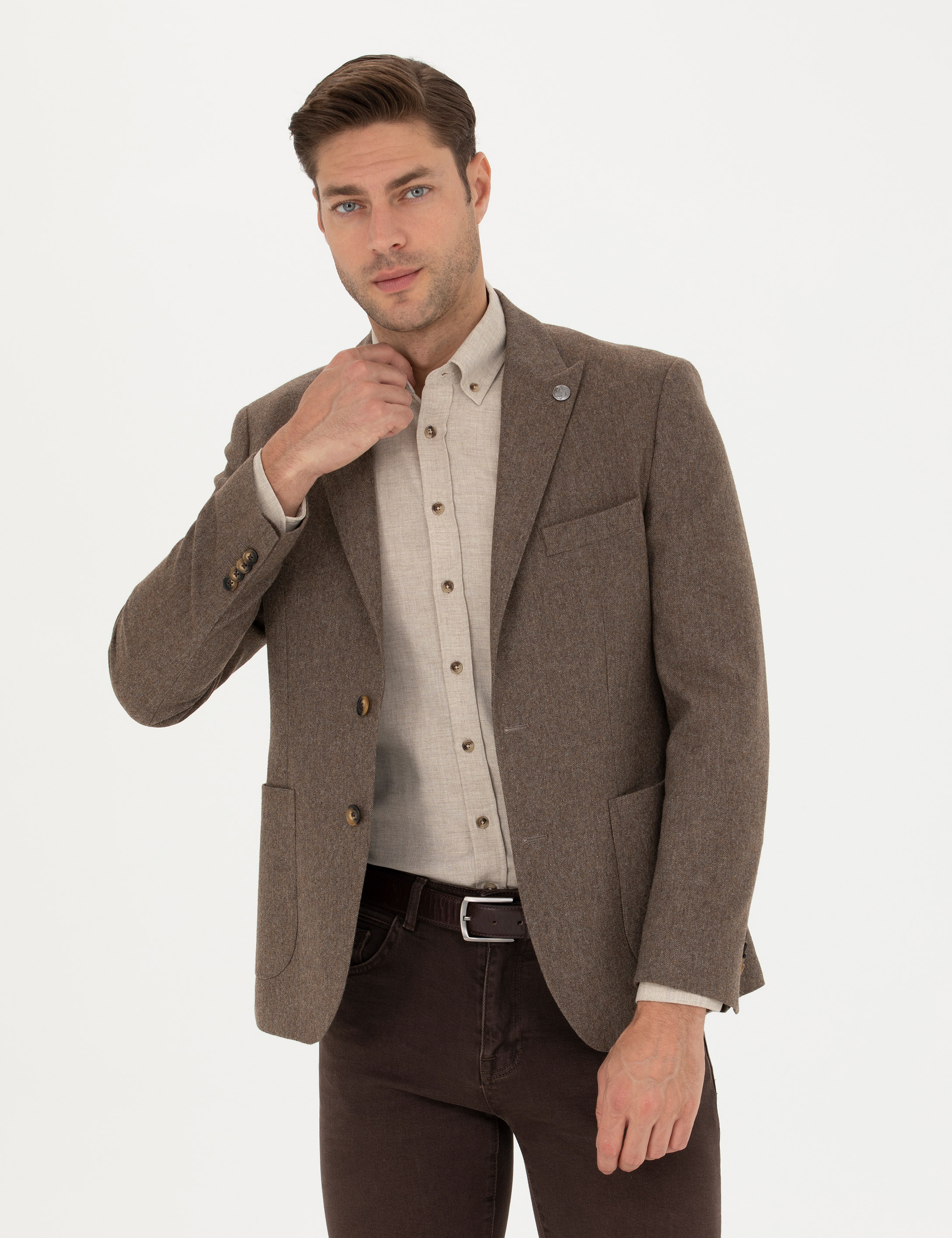 Kahverengi Yün Karışımlı Slim Fit Ceket