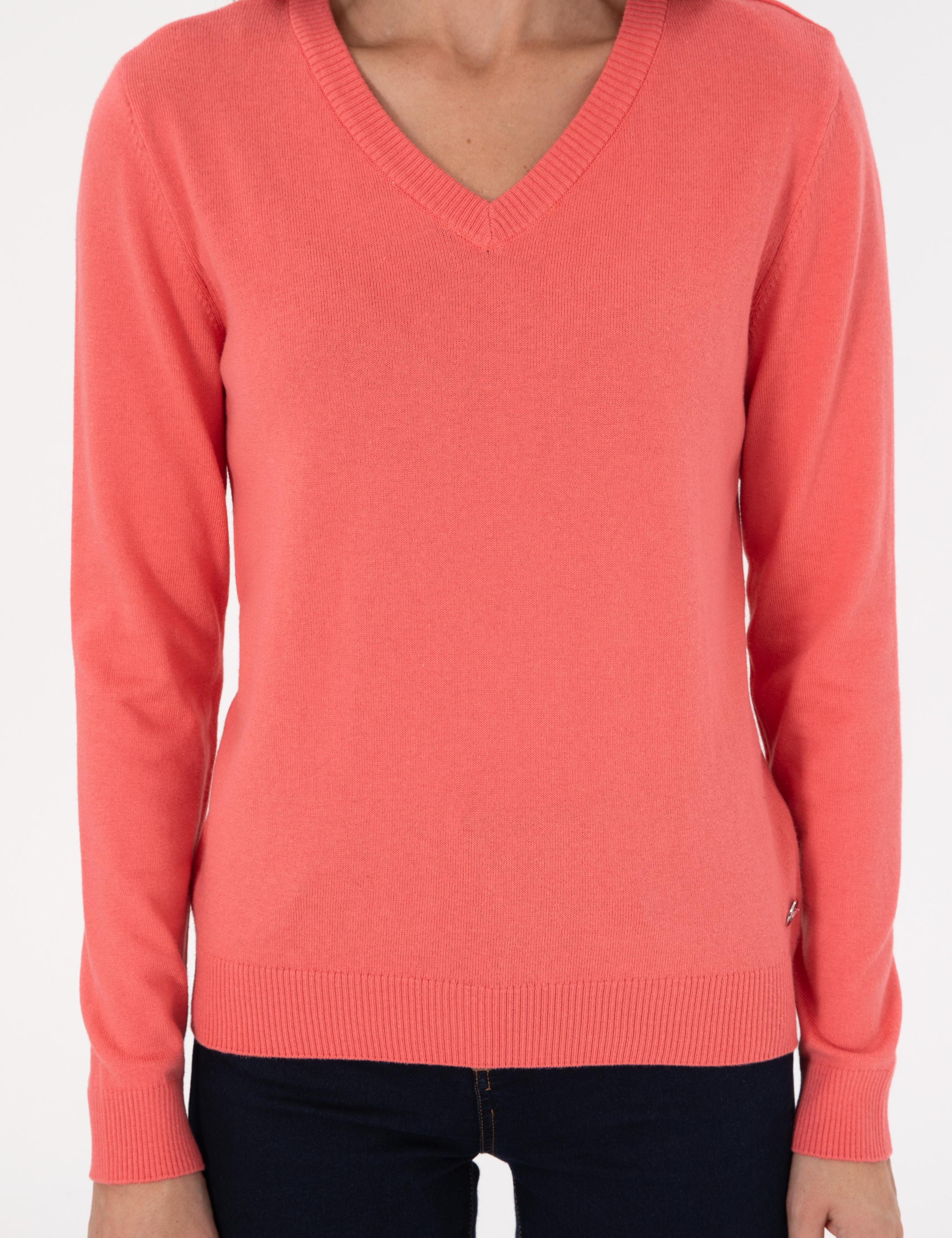 Nar Çiçeği Slim Fit V Yaka Basic Kazak