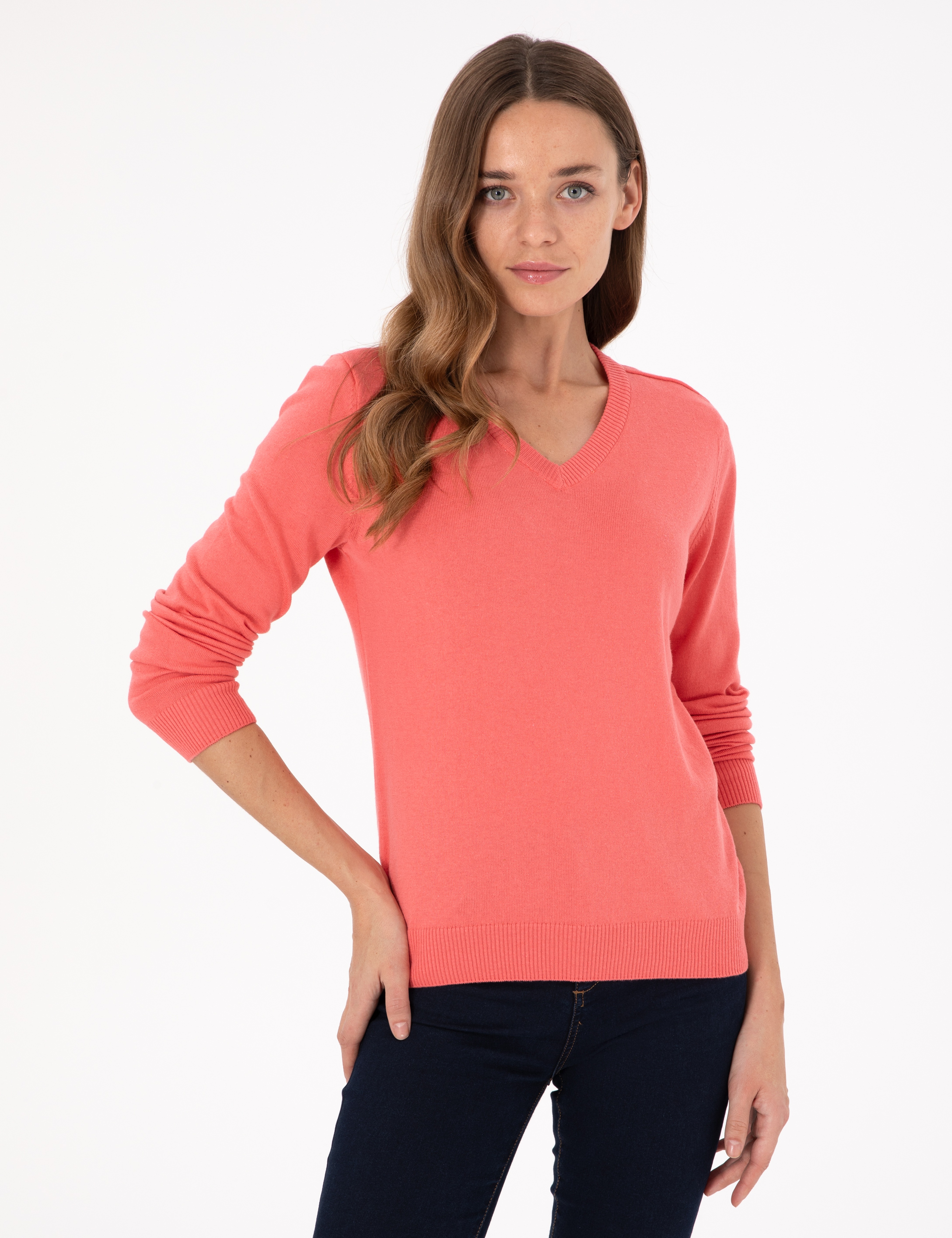 Nar Çiçeği Slim Fit V Yaka Basic Kazak - Image 1