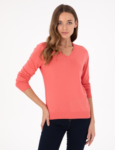 Nar Çiçeği Slim Fit V Yaka Basic Kazak
