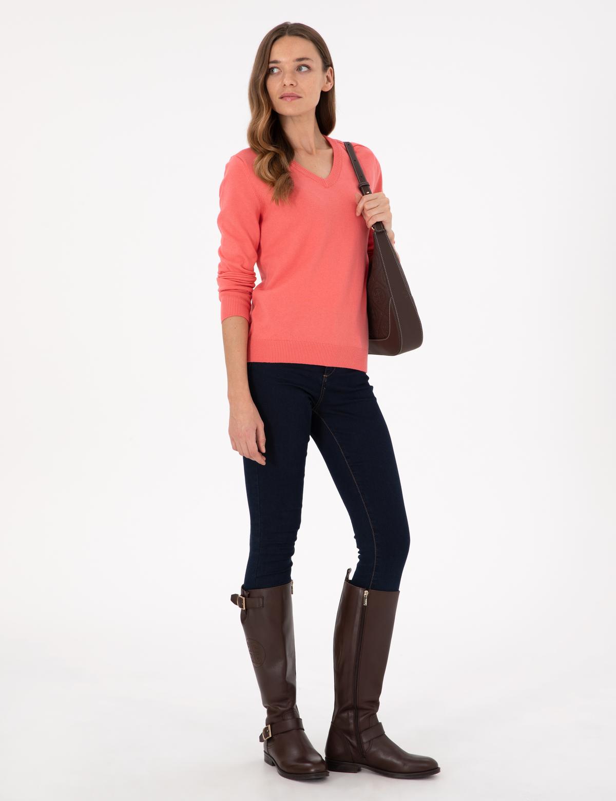 Nar Çiçeği Slim Fit V Yaka Basic Kazak - 50300803070