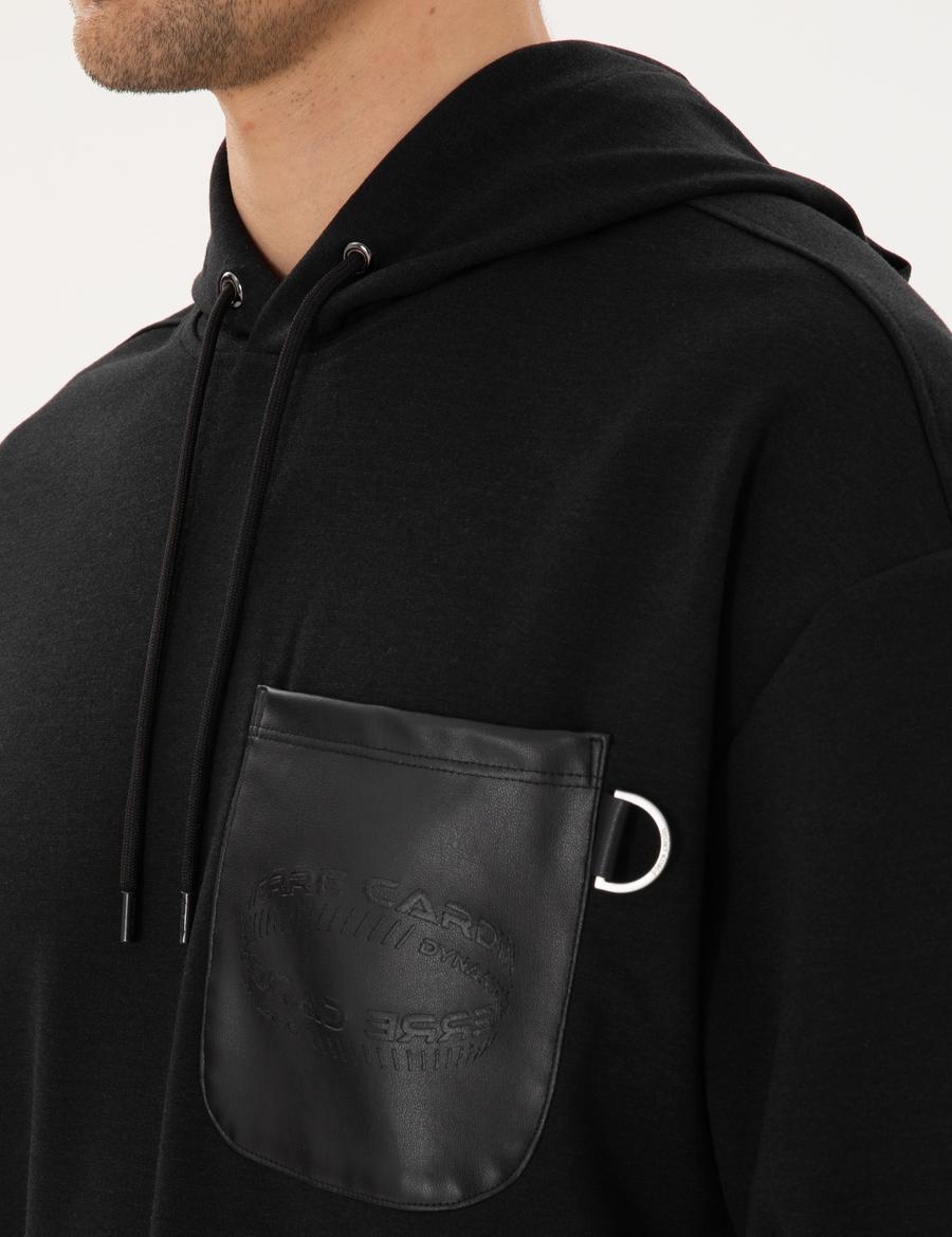 Siyah Çelik Örme Comfort Fit  Kapüşonlu Sweatshirt