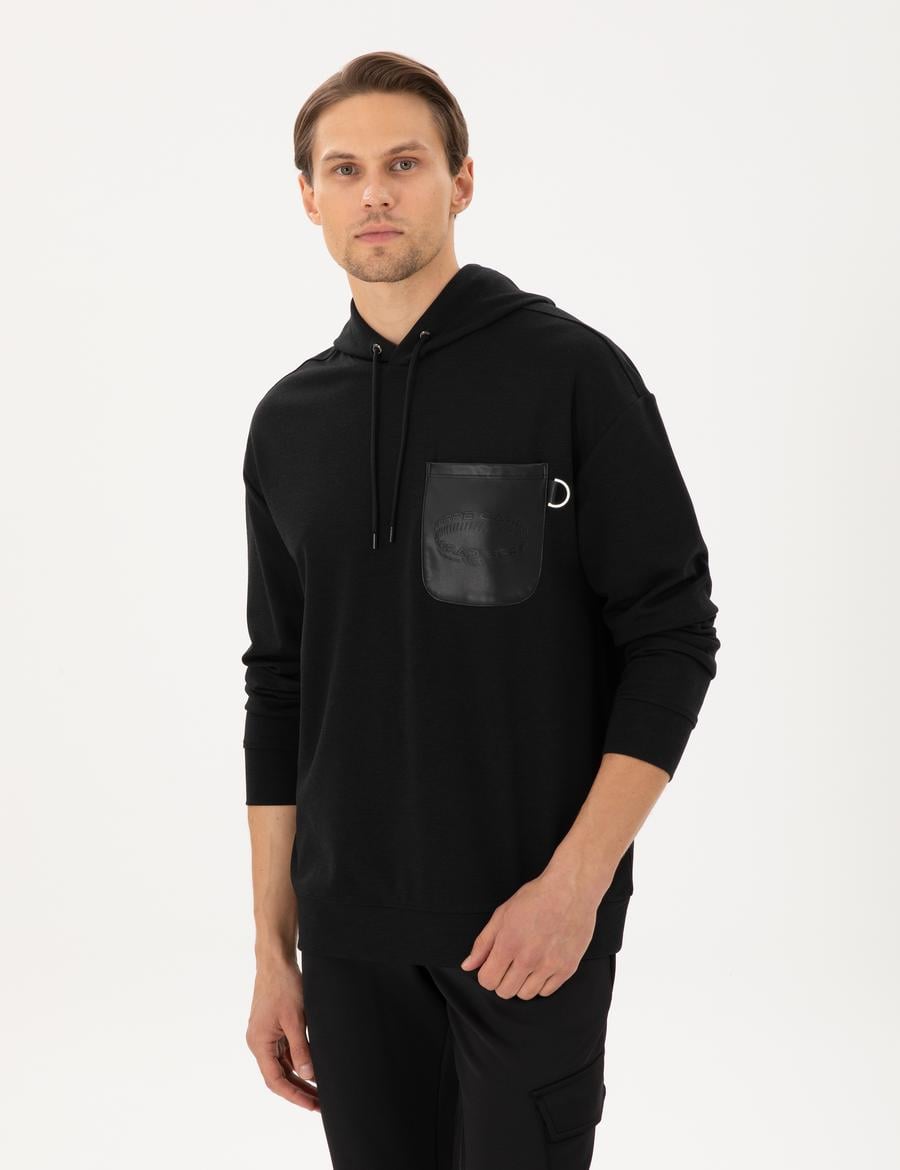 Siyah Çelik Örme Comfort Fit  Kapüşonlu Sweatshirt