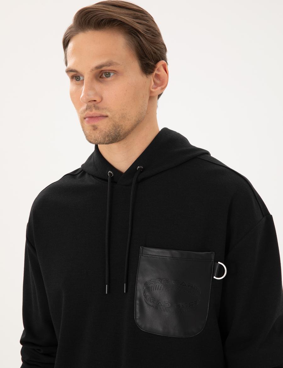 Siyah Çelik Örme Comfort Fit  Kapüşonlu Sweatshirt