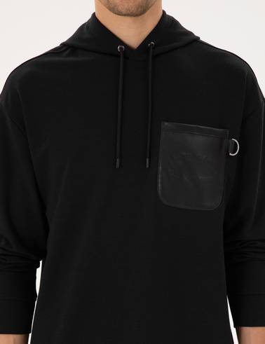 Siyah Çelik Örme Comfort Fit  Kapüşonlu Sweatshirt