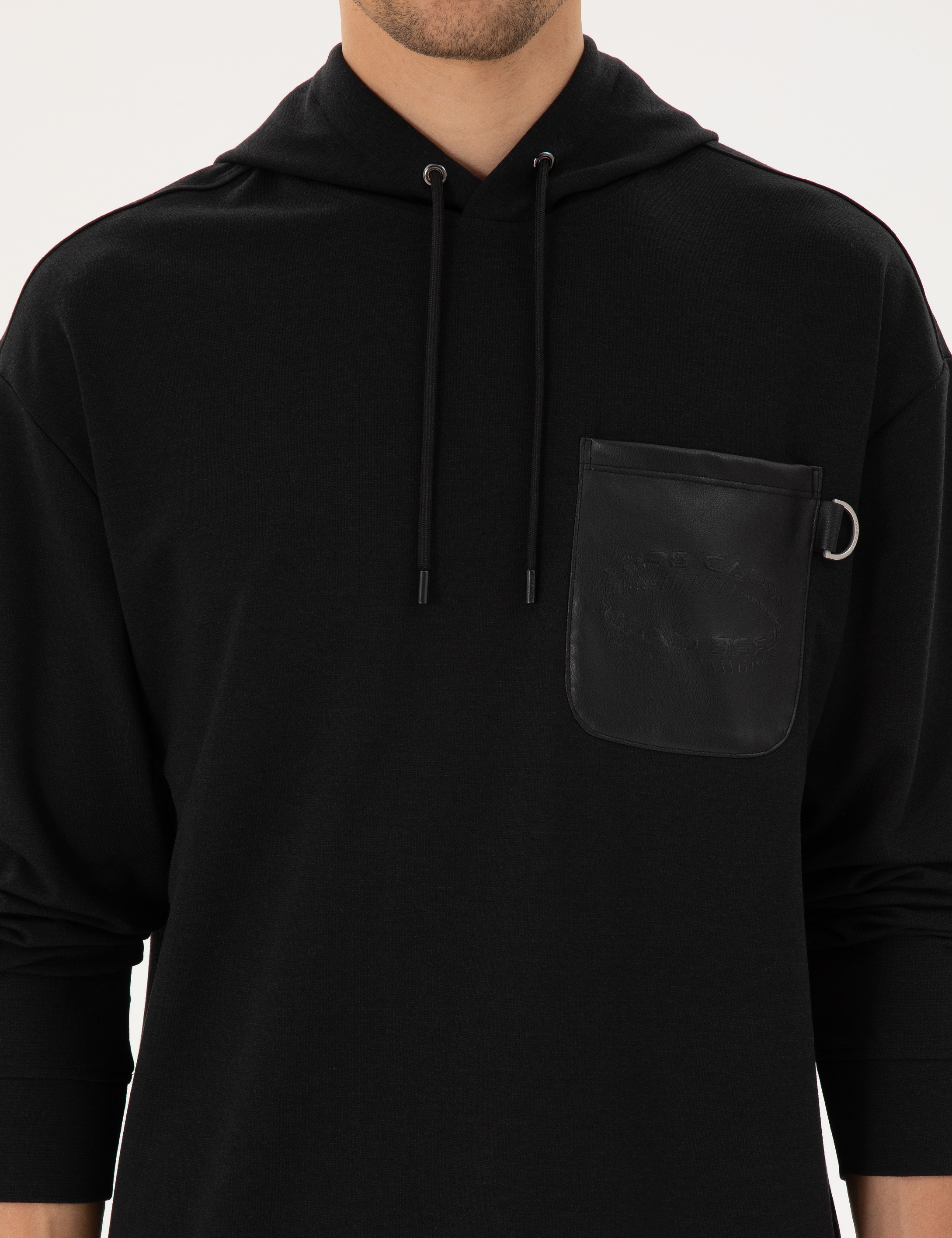 Siyah Çelik Örme Comfort Fit Kapüşonlu Sweatshirt - Image 6