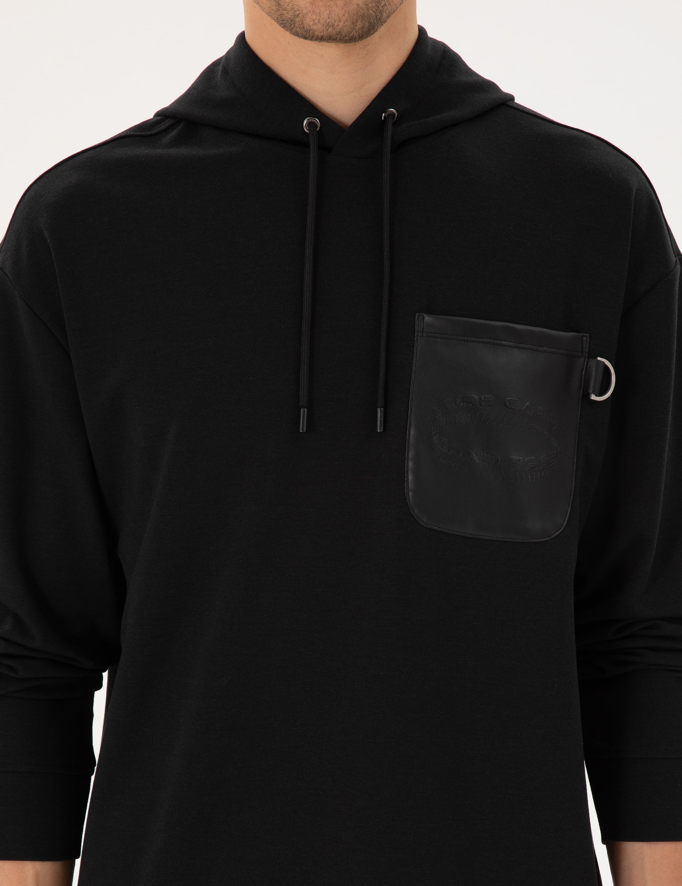 Siyah Çelik Örme Comfort Fit  Kapüşonlu Sweatshirt