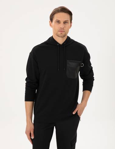 Siyah Çelik Örme Comfort Fit  Kapüşonlu Sweatshirt