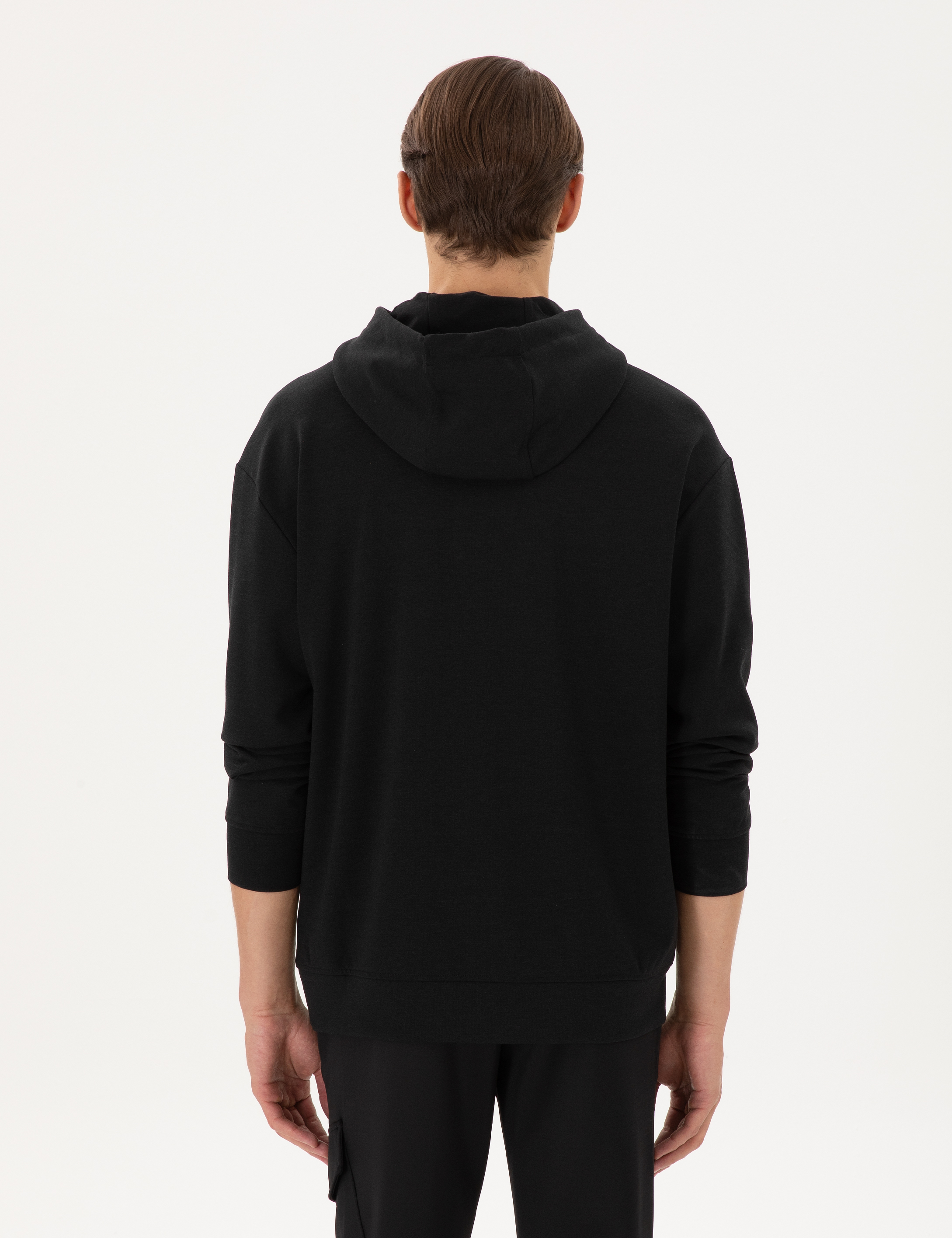 Siyah Çelik Örme Comfort Fit Kapüşonlu Sweatshirt - Image 5