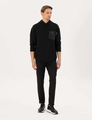 Siyah Çelik Örme Comfort Fit  Kapüşonlu Sweatshirt