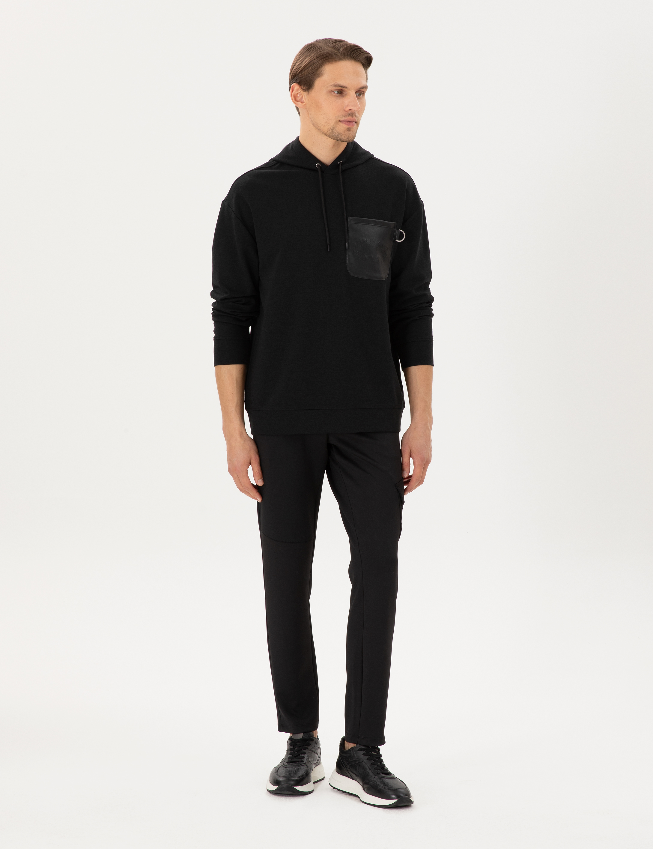 Siyah Çelik Örme Comfort Fit Kapüşonlu Sweatshirt - Image 4