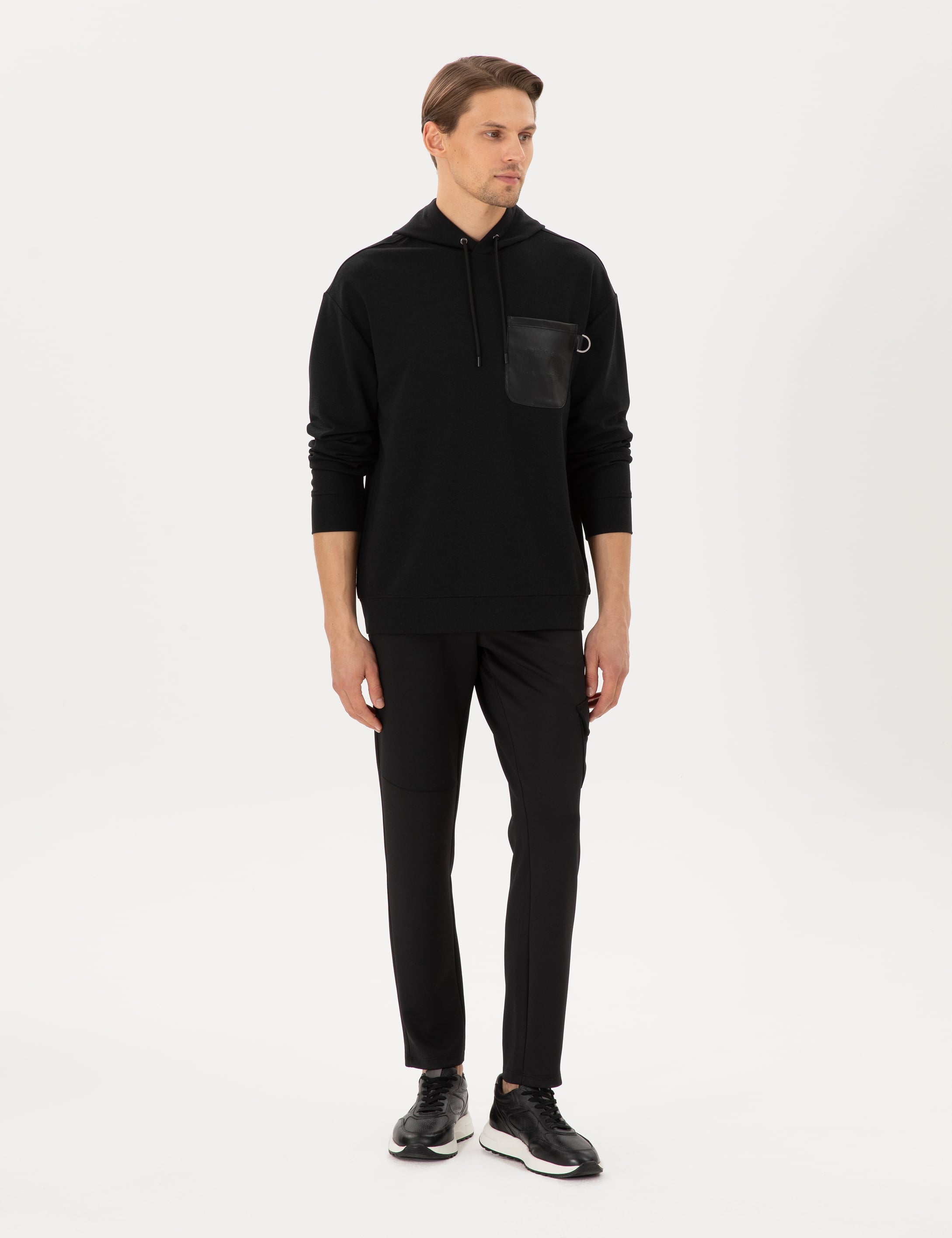 Siyah Çelik Örme Comfort Fit  Kapüşonlu Sweatshirt
