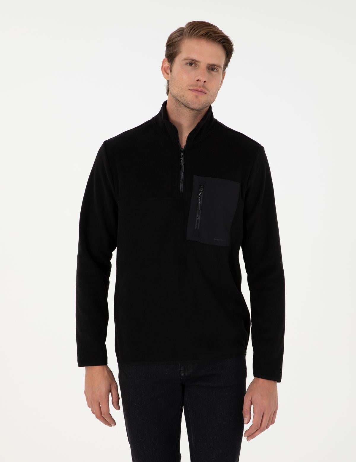Siyah Regular Fit Yarım Fermuarlı Polar Sweatshirt