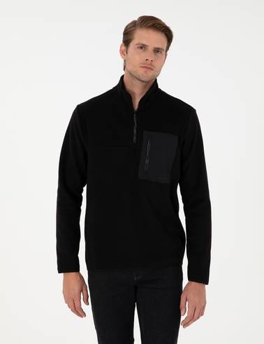 Siyah Regular Fit Yarım Fermuarlı Polar Sweatshirt