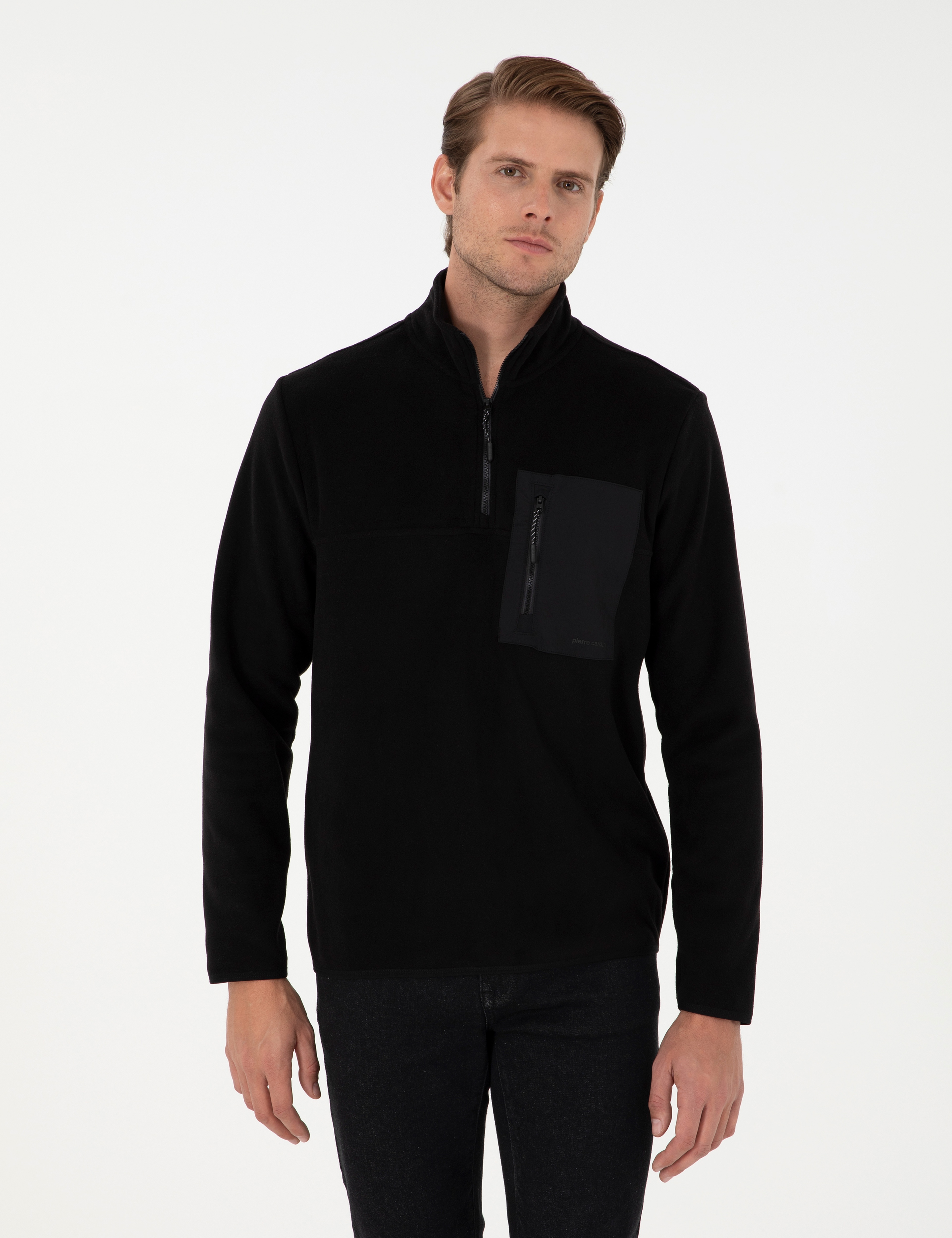 Siyah Regular Fit Yarım Fermuarlı Polar Sweatshirt - Image 1