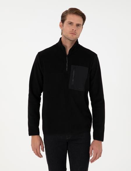 Siyah Regular Fit Yarım Fermuarlı Polar Sweatshirt - 50298975017