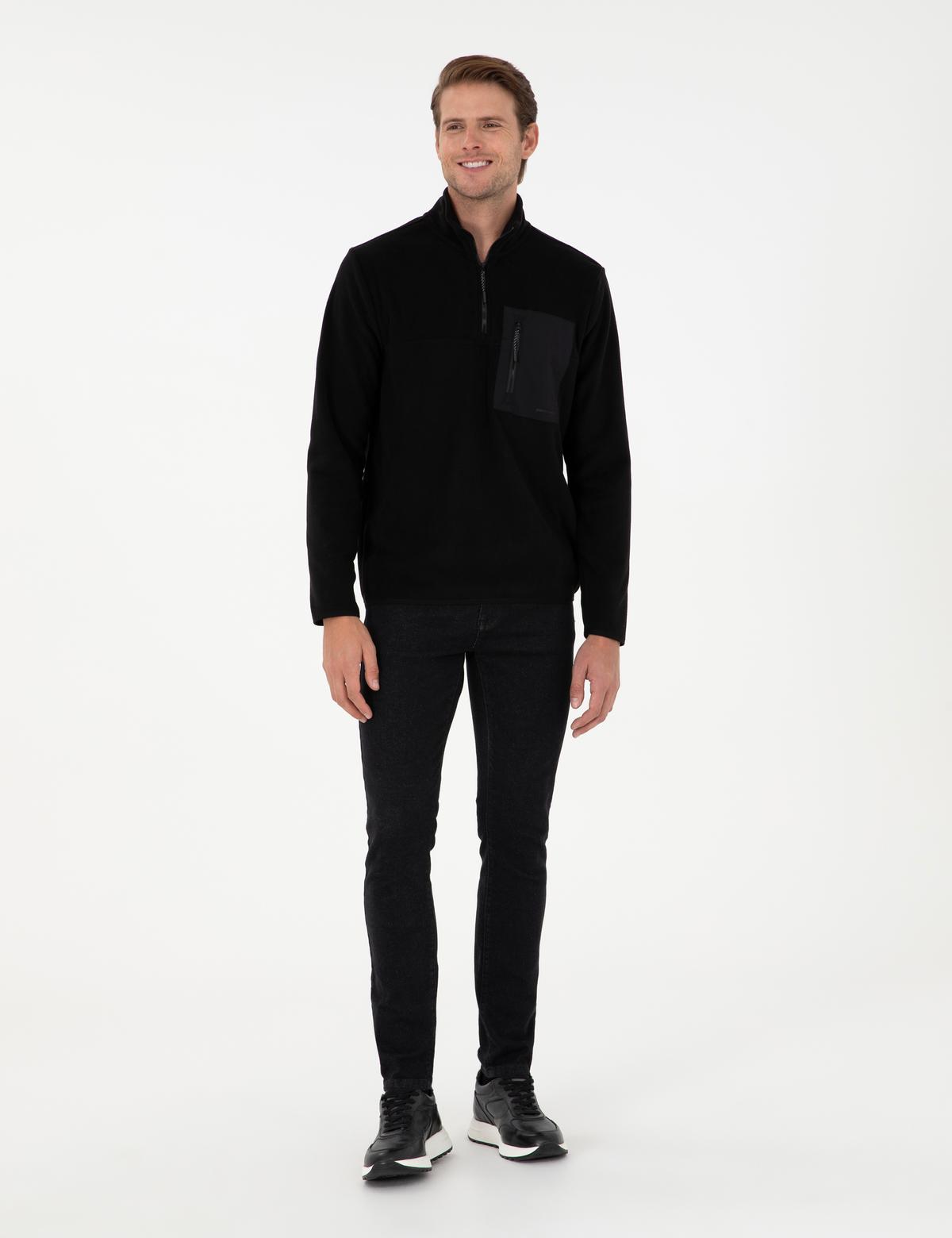 Siyah Regular Fit Yarım Fermuarlı Polar Sweatshirt - 50298975017