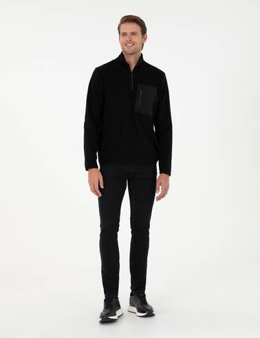 Siyah Regular Fit Yarım Fermuarlı Polar Sweatshirt