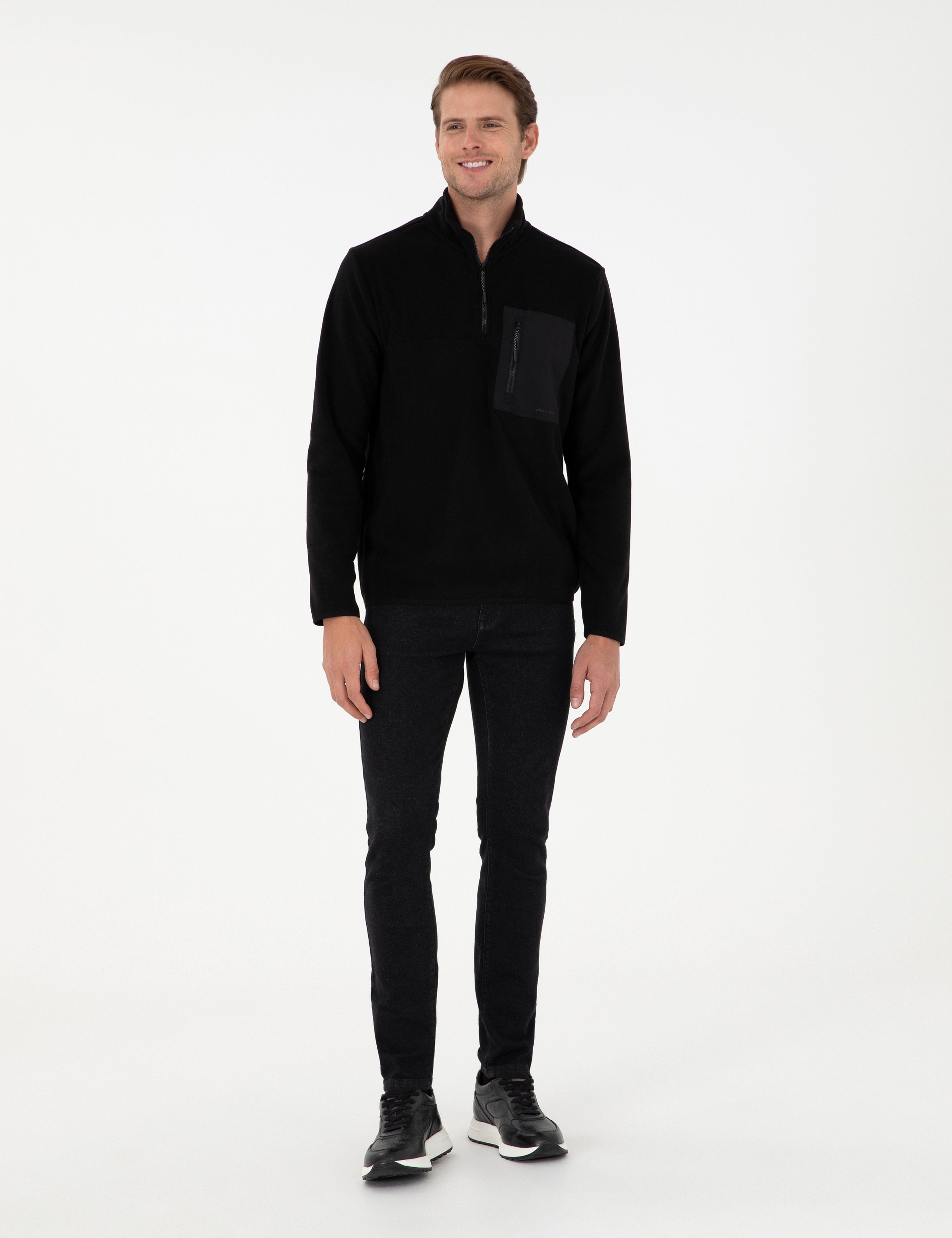 Siyah Regular Fit Yarım Fermuarlı Polar Sweatshirt - Image 4