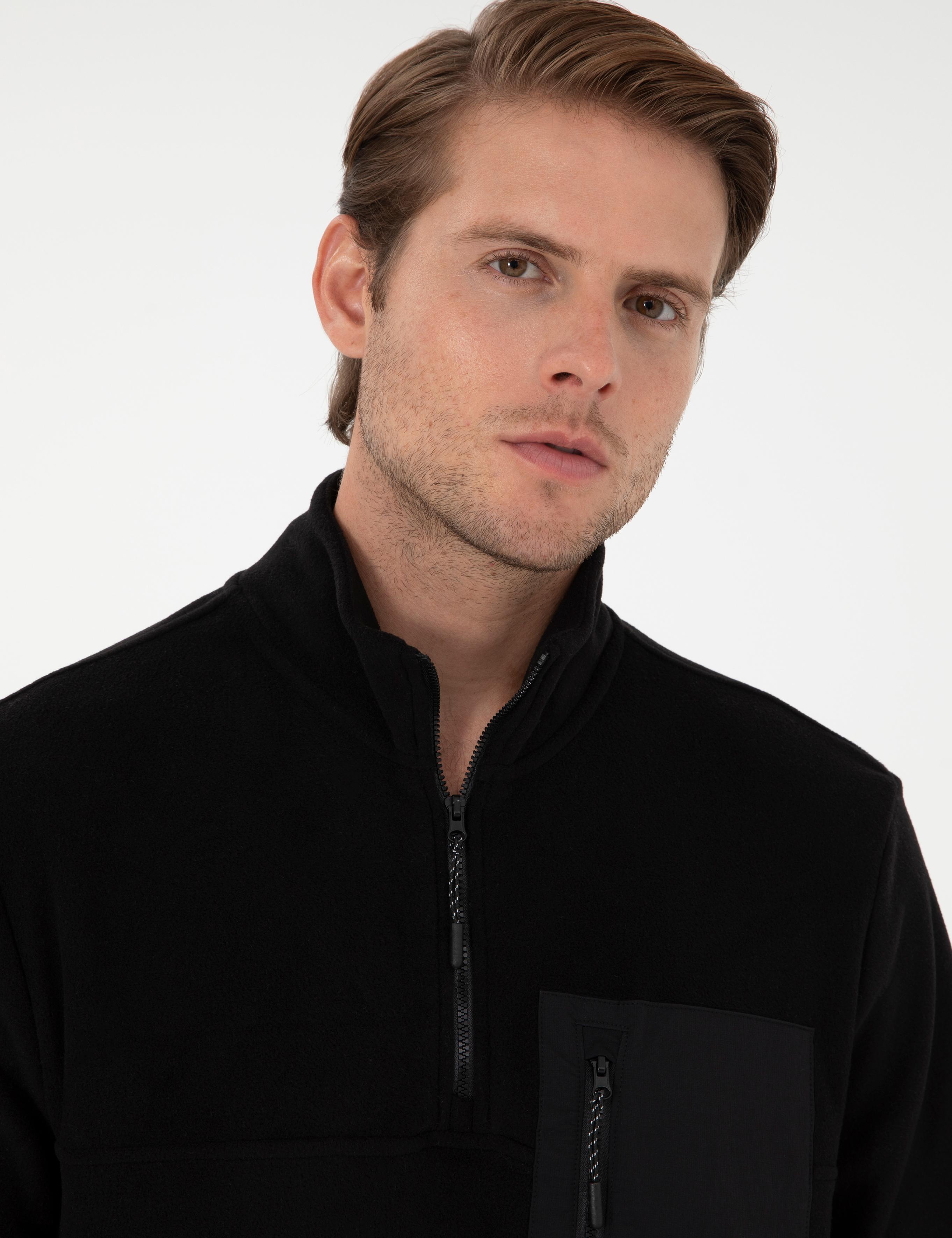 Siyah Regular Fit Yarım Fermuarlı Polar Sweatshirt