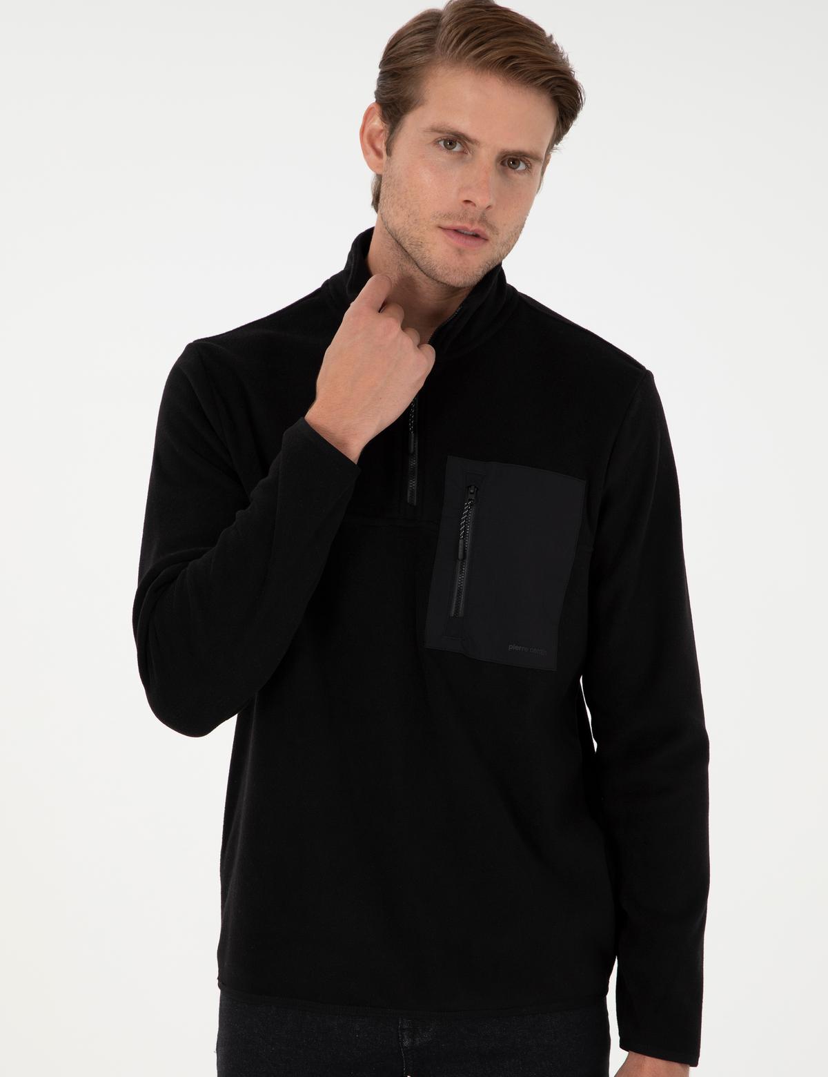 Siyah Regular Fit Yarım Fermuarlı Polar Sweatshirt - 50298975017
