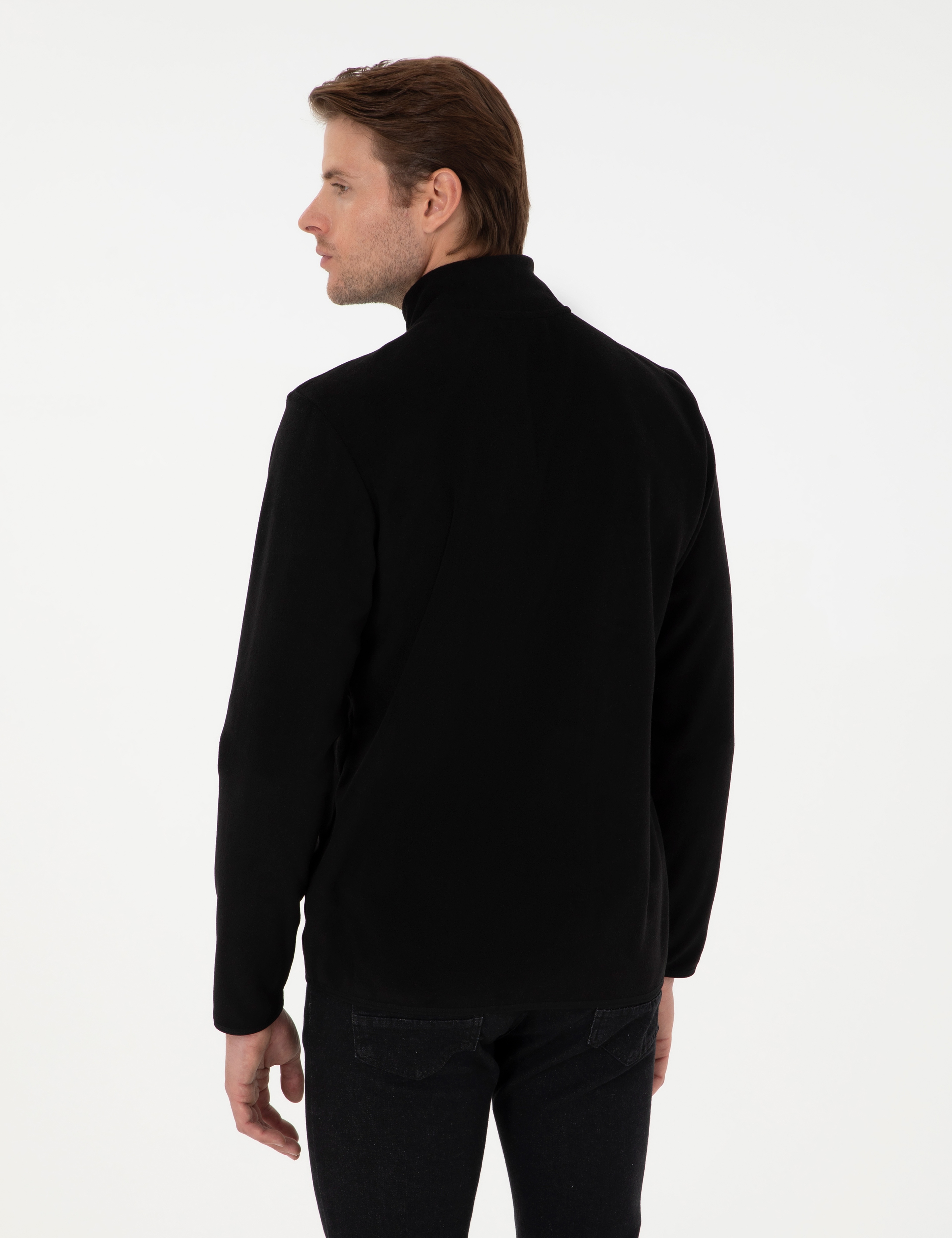 Siyah Regular Fit Yarım Fermuarlı Polar Sweatshirt - Image 5