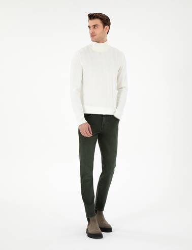 Ekru Slim Fit Balıkçı Yaka Yün Karışımlı Triko Kazak