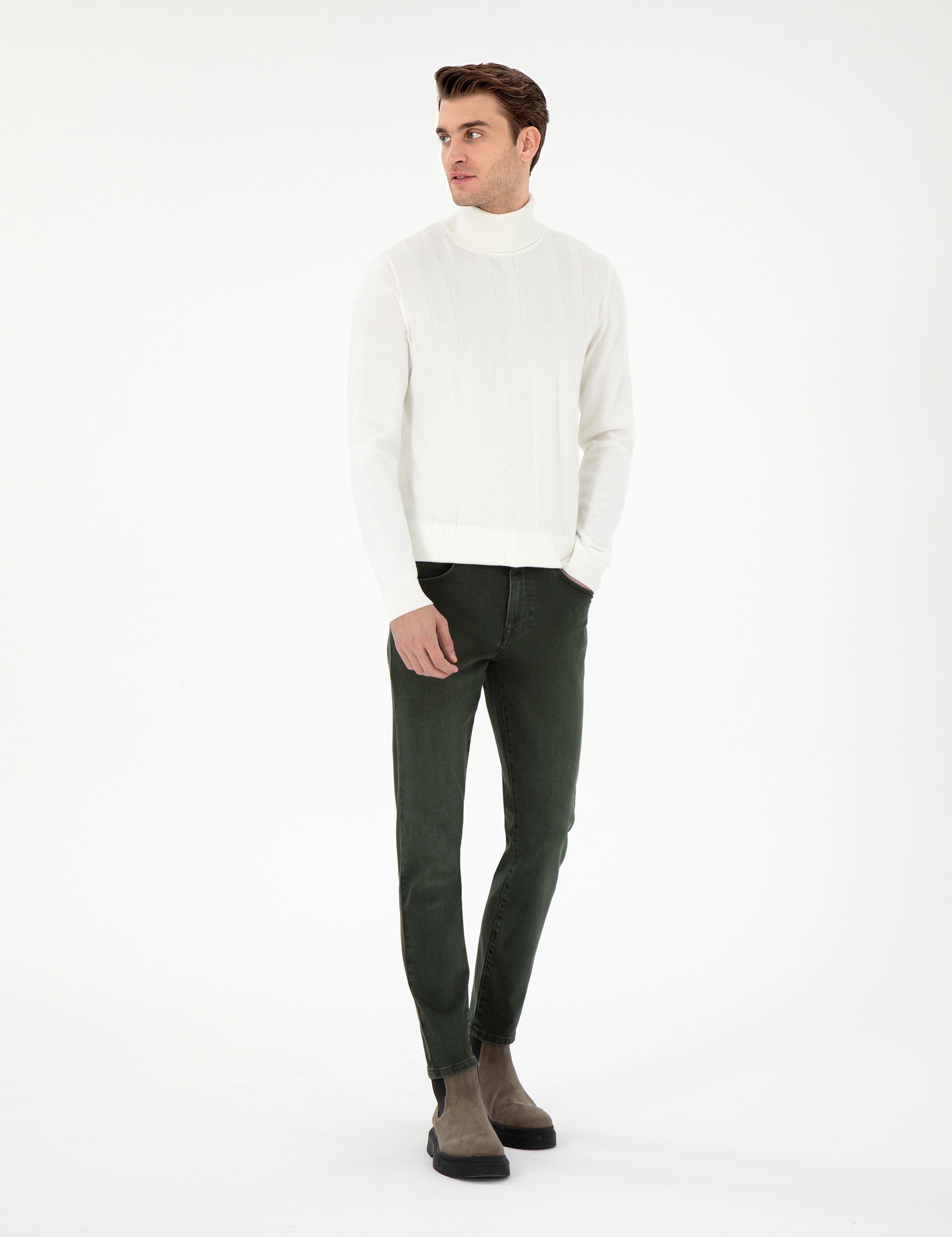Ekru Slim Fit Balıkçı Yaka Yün Karışımlı Triko Kazak - Image 4