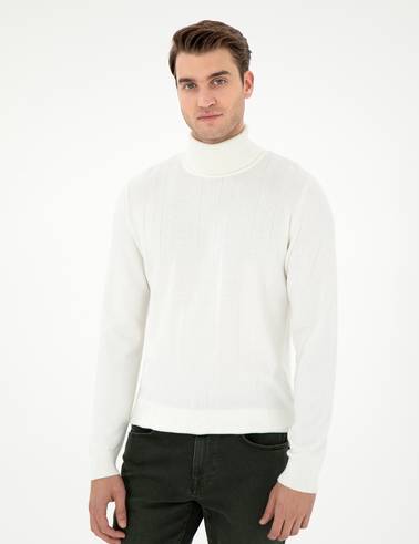 Ekru Slim Fit Balıkçı Yaka Yün Karışımlı Triko Kazak