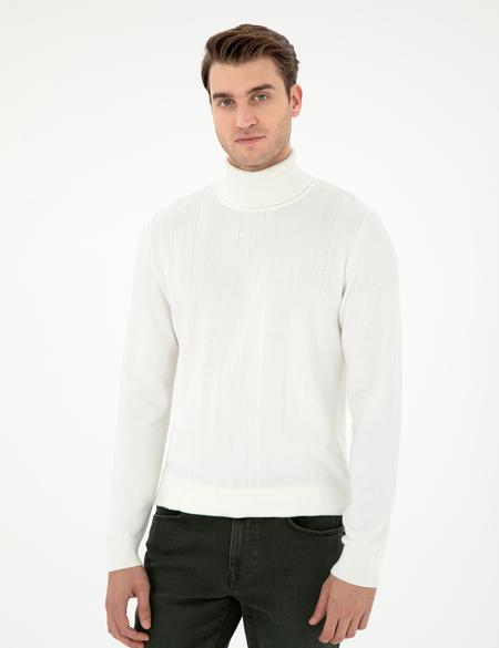 Ekru Slim Fit Balıkçı Yaka Yün Karışımlı Triko Kazak - 50296445007