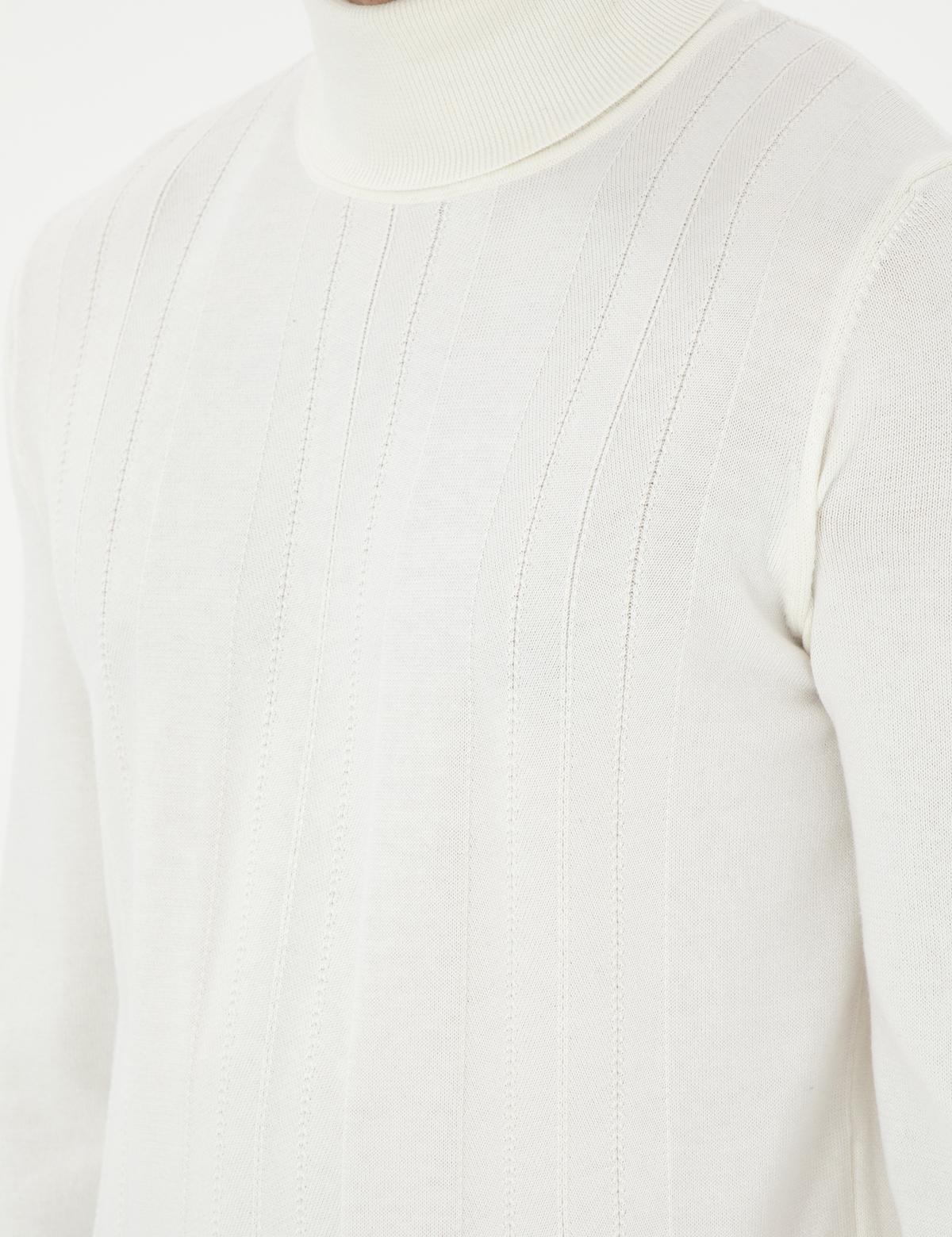 Ekru Slim Fit Balıkçı Yaka Yün Karışımlı Triko Kazak - 50296445007