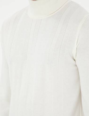 Ekru Slim Fit Balıkçı Yaka Yün Karışımlı Triko Kazak