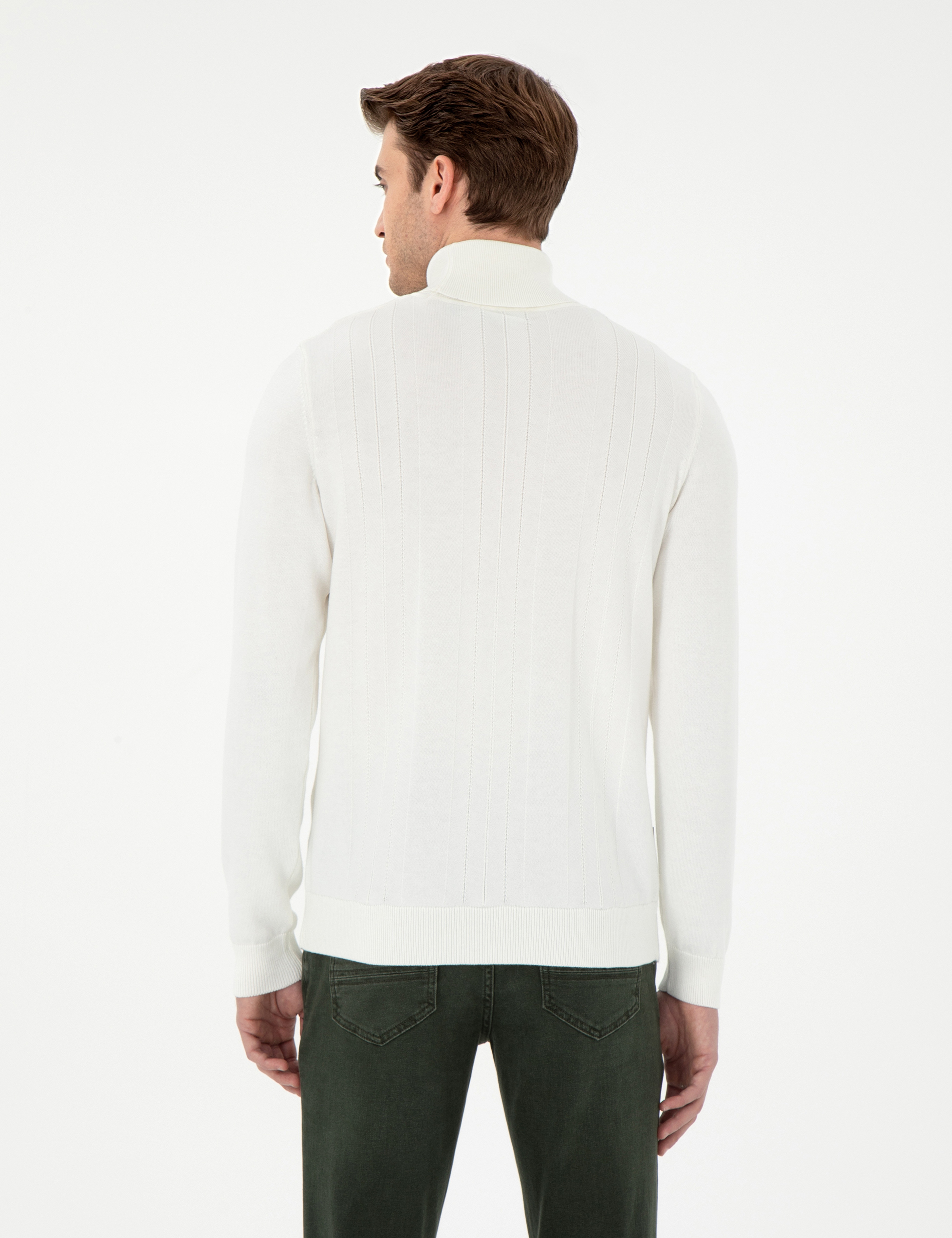 Ekru Slim Fit Balıkçı Yaka Yün Karışımlı Triko Kazak - Image 5