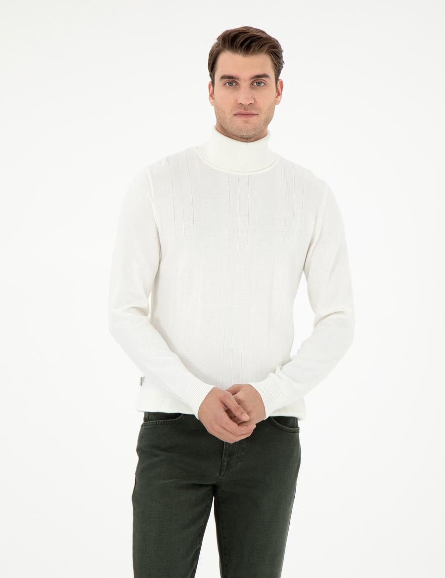 Ekru Slim Fit Balıkçı Yaka Yün Karışımlı Triko Kazak