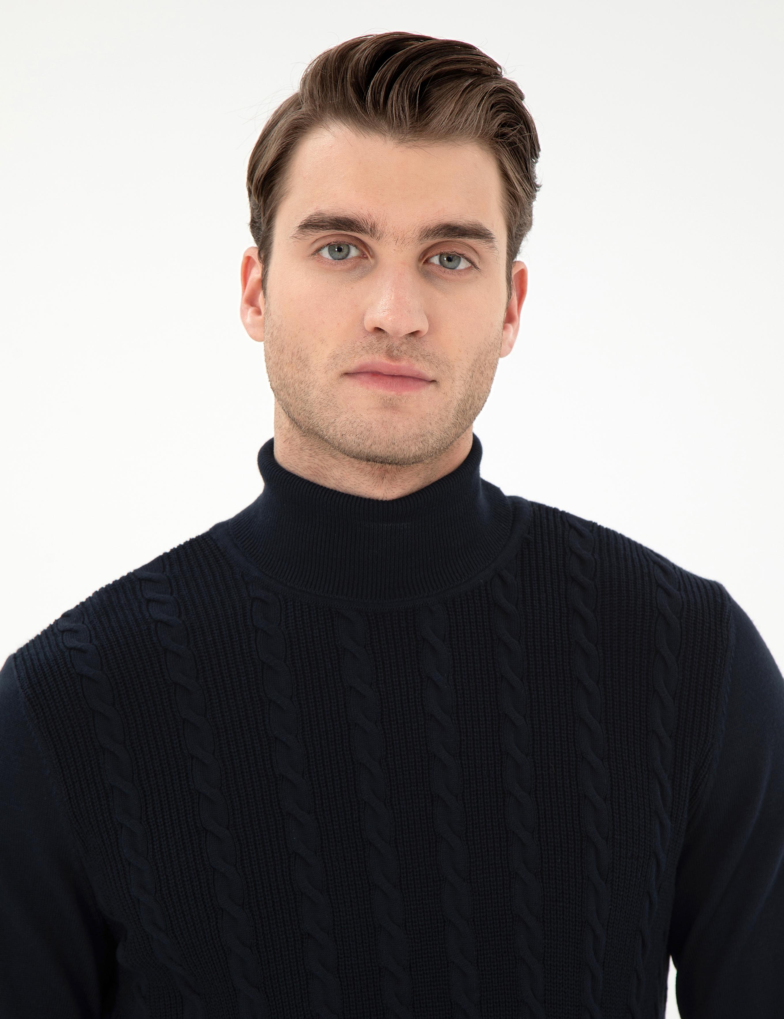 Lacivert Slim Fit Balıkçı Yaka Triko Kazak