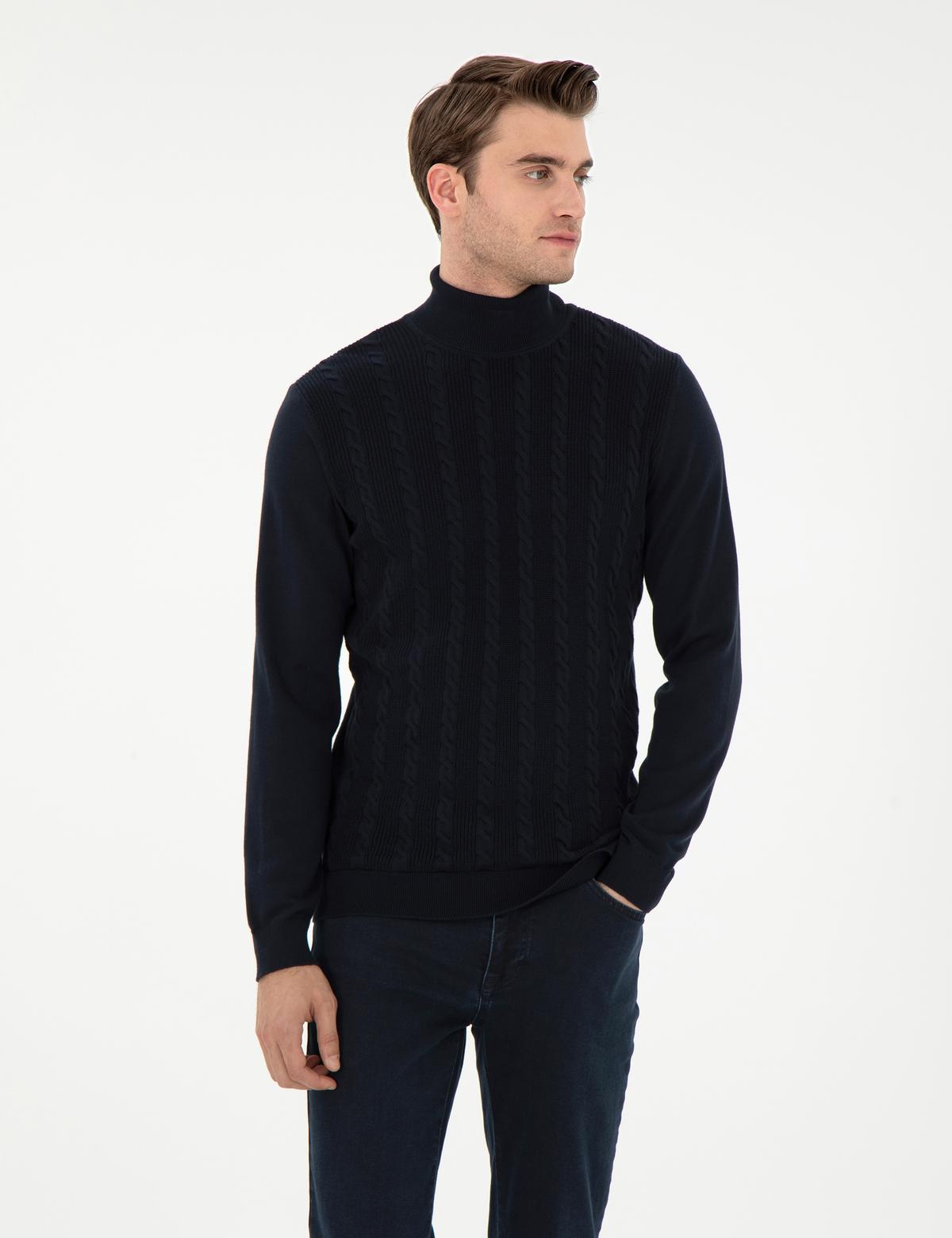 Lacivert Slim Fit Balıkçı Yaka Triko Kazak