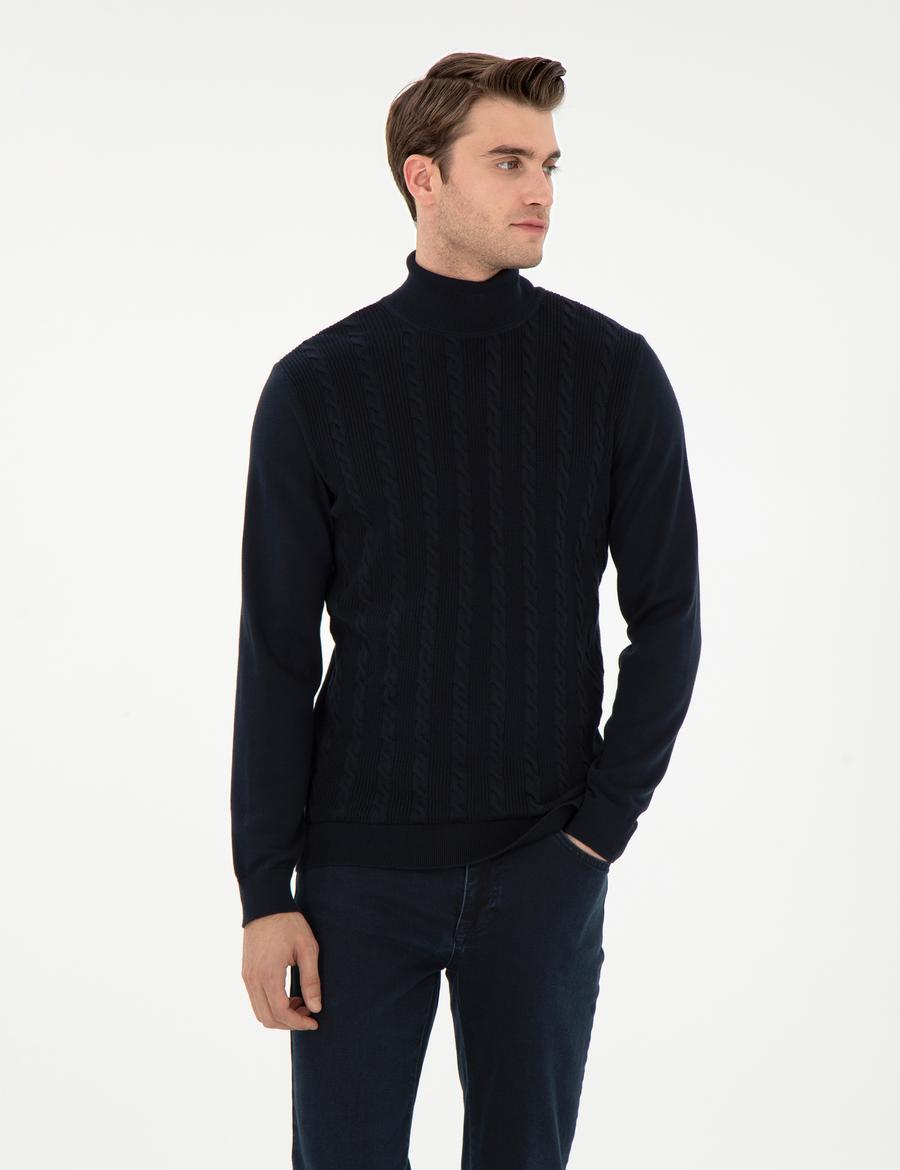 Lacivert Slim Fit Balıkçı Yaka Triko Kazak