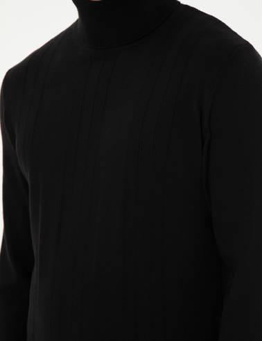 Siyah Slim Fit Balıkçı Yaka Yün Karışımlı Triko Kazak