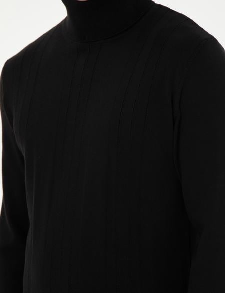 Siyah Slim Fit Balıkçı Yaka Yün Karışımlı Triko Kazak - 50296445017