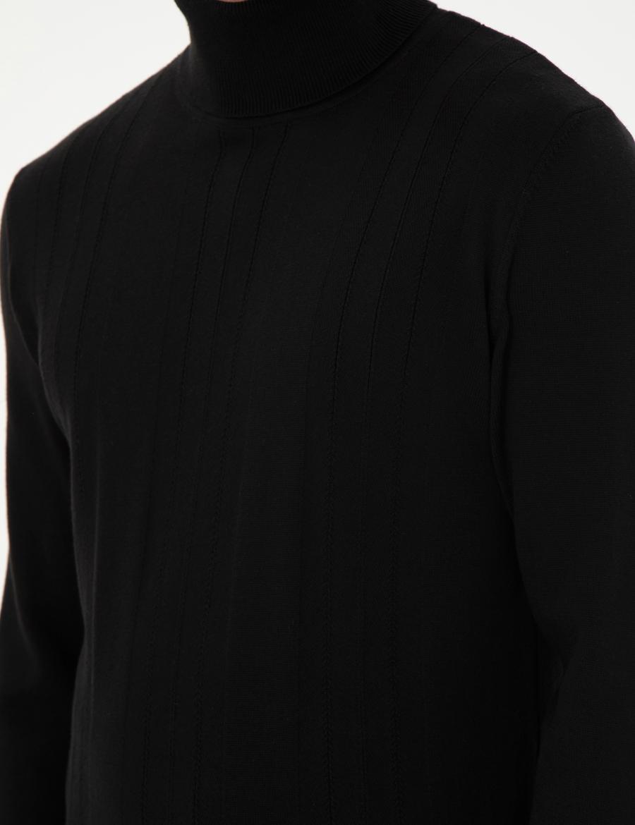 Siyah Slim Fit Balıkçı Yaka Yün Karışımlı Triko Kazak