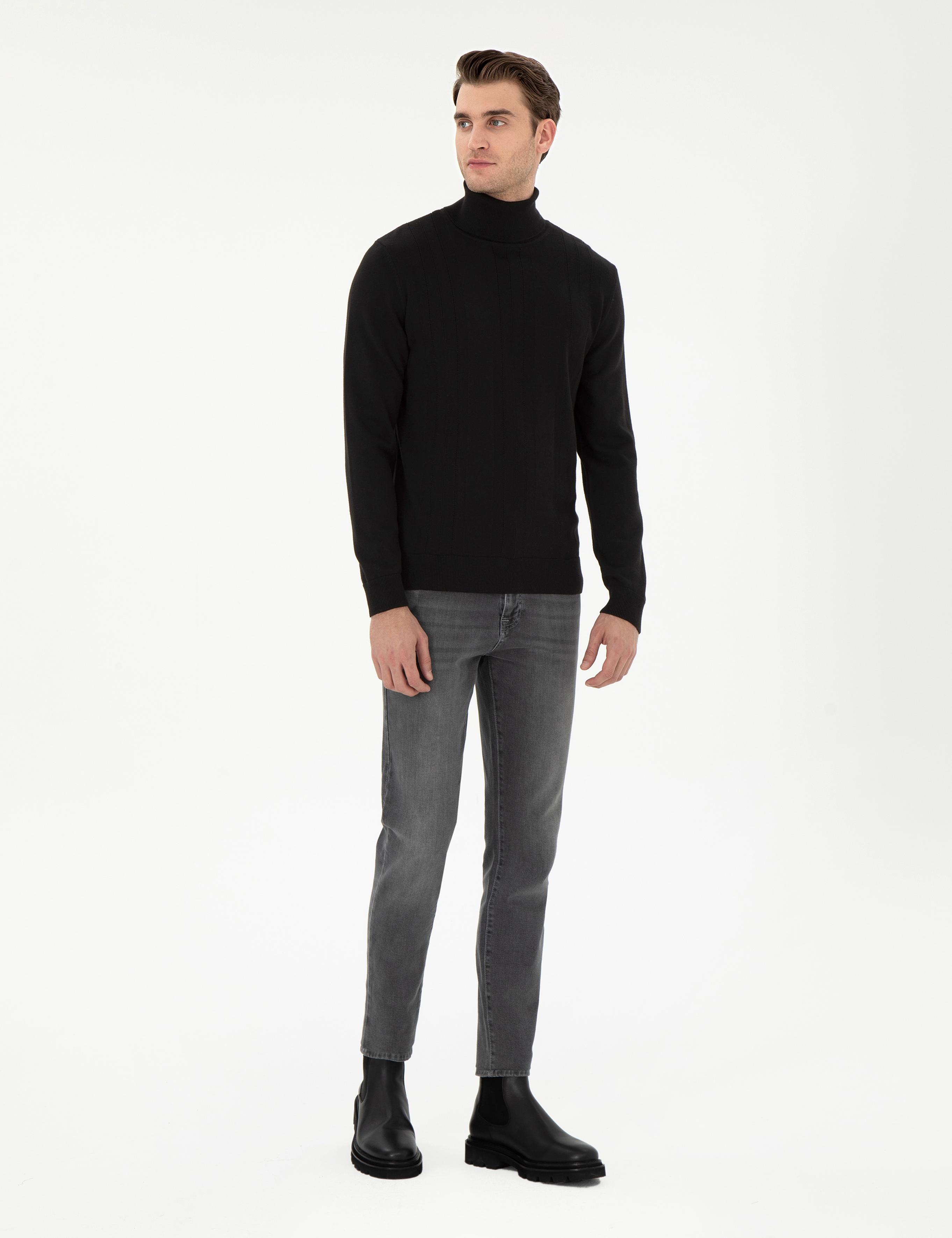 Siyah Slim Fit Balıkçı Yaka Yün Karışımlı Triko Kazak