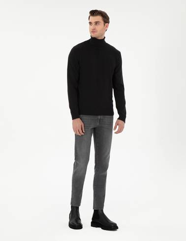 Siyah Slim Fit Balıkçı Yaka Yün Karışımlı Triko Kazak