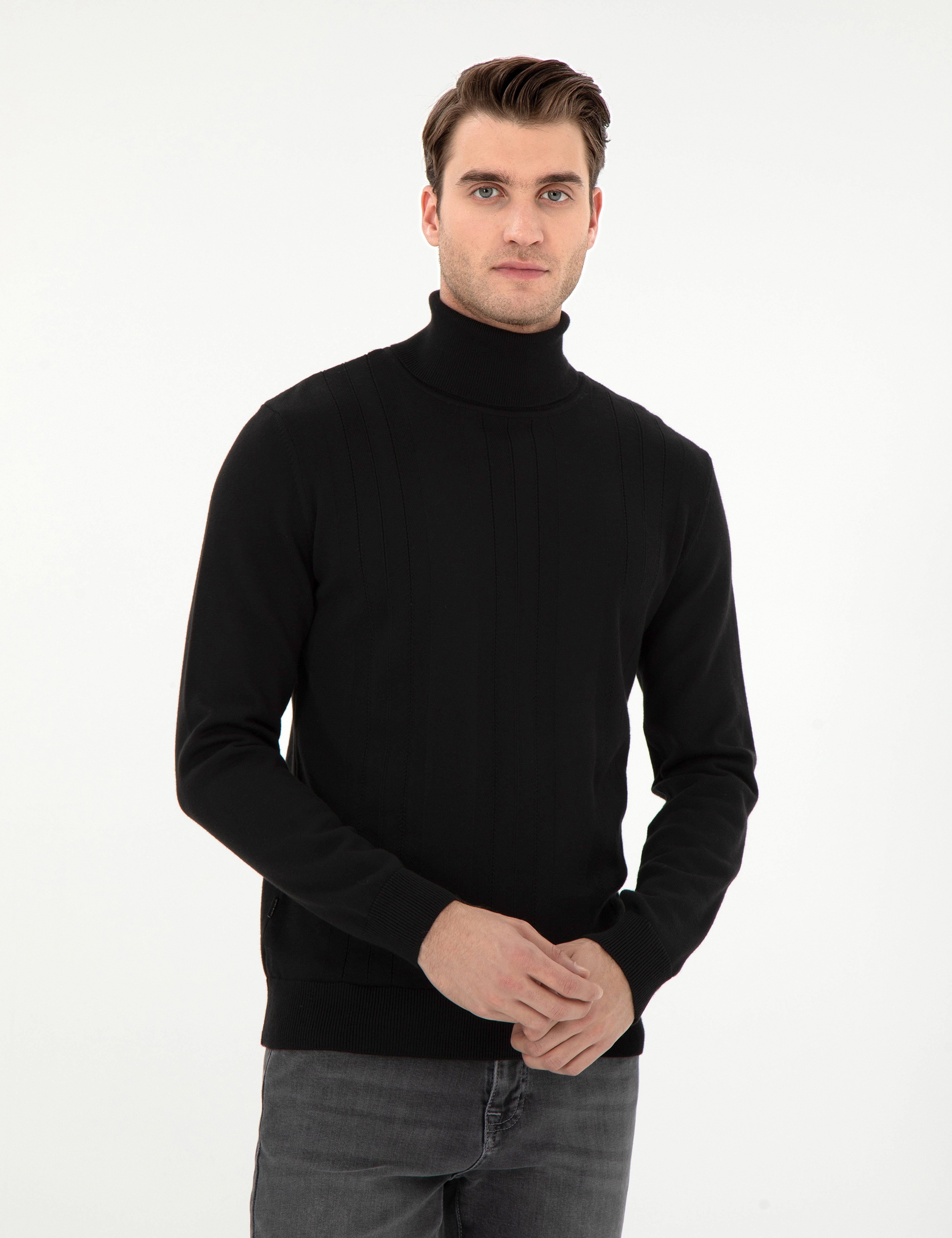Siyah Slim Fit Balıkçı Yaka Yün Karışımlı Triko Kazak - Image 3
