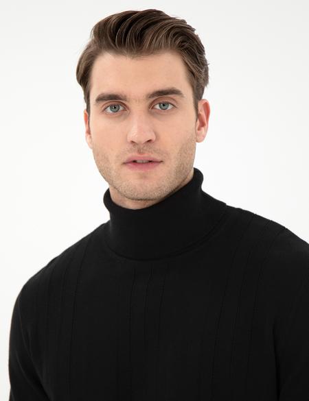 Siyah Slim Fit Balıkçı Yaka Yün Karışımlı Triko Kazak - 50296445017