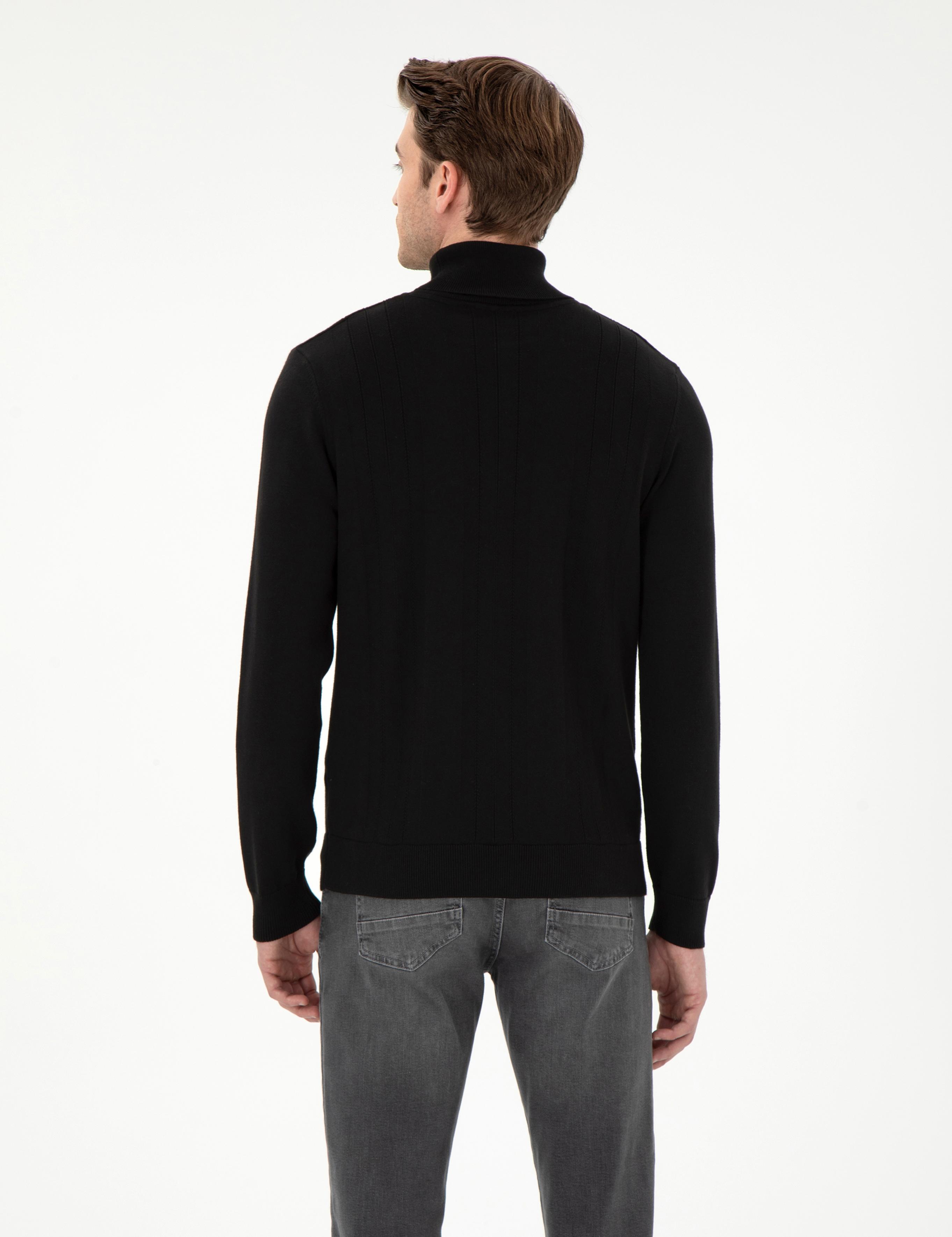 Siyah Slim Fit Balıkçı Yaka Yün Karışımlı Triko Kazak