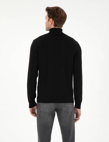 Siyah Slim Fit Balıkçı Yaka Yün Karışımlı Triko Kazak
